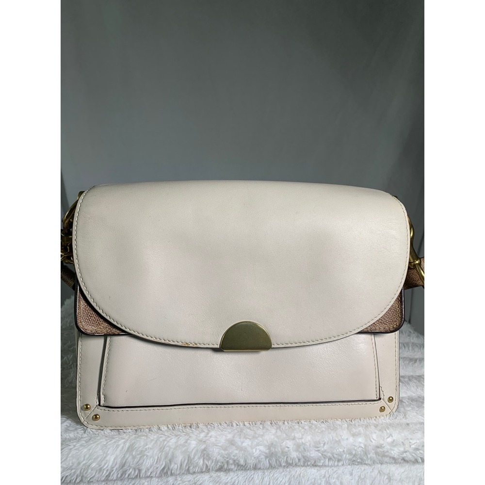 Coach Dreamer Shoulder Bag Chalk White Leather Signature Canvas Gold Chain#866